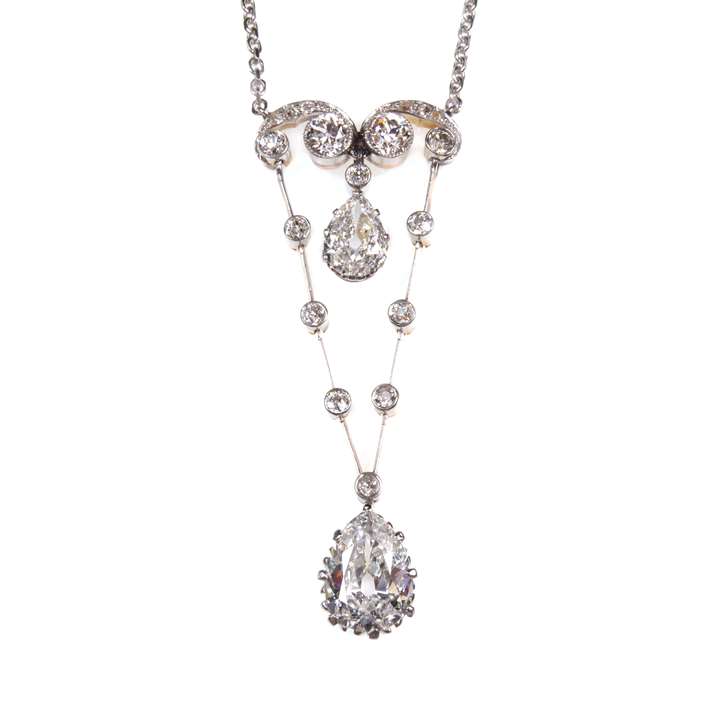 Antique pear shaped diamond and scroll pendant necklace